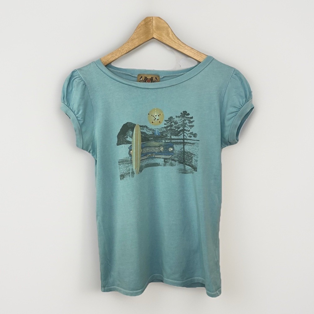 Vintage Juicy Couture Surf Car Graphic T-Shirt Y2K Sz‎ M Blue Puff Sleeve Tee